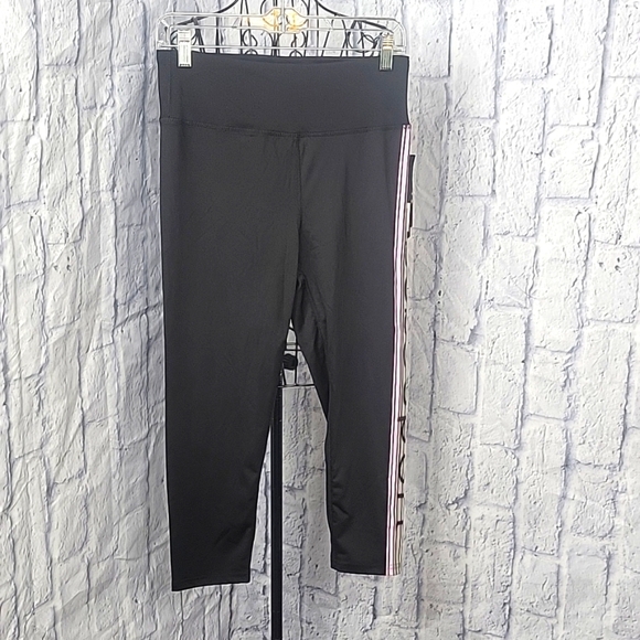 BEBE Sport Black/Pink Crush Side Stripe Capri Leggings Large‎ NWT - Picture 1 of 8